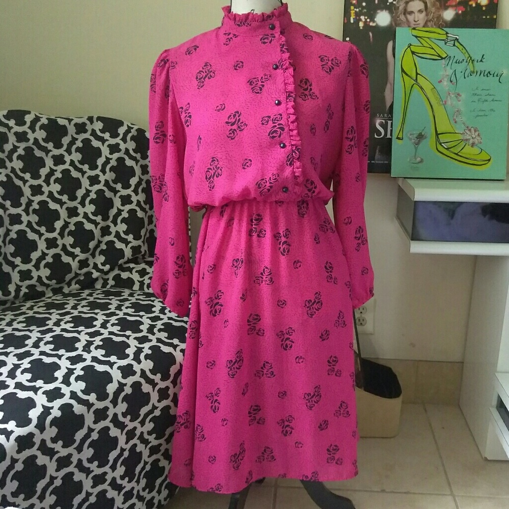 VTG Pink Black Off Center Floral Rose Princess - Picture 6 of 7